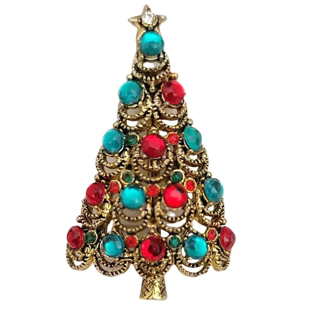 Hollycraft Gold Tone Multi Color Rhinestone Christmas Tree Brooch Pin Signed N85